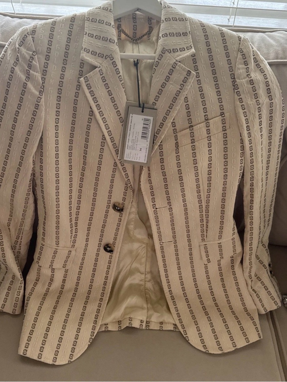 Golden Goose Cream Patterned Tailored Blazer with Subtle Brown Logo